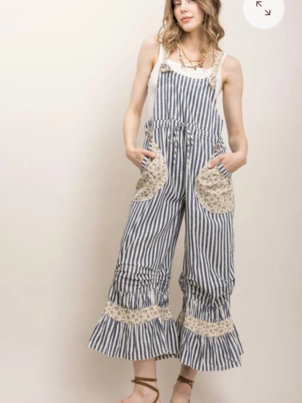 235p Blue Vevet Striped Blue Floral-Pocket Women's Overalls with Ruffle Hem